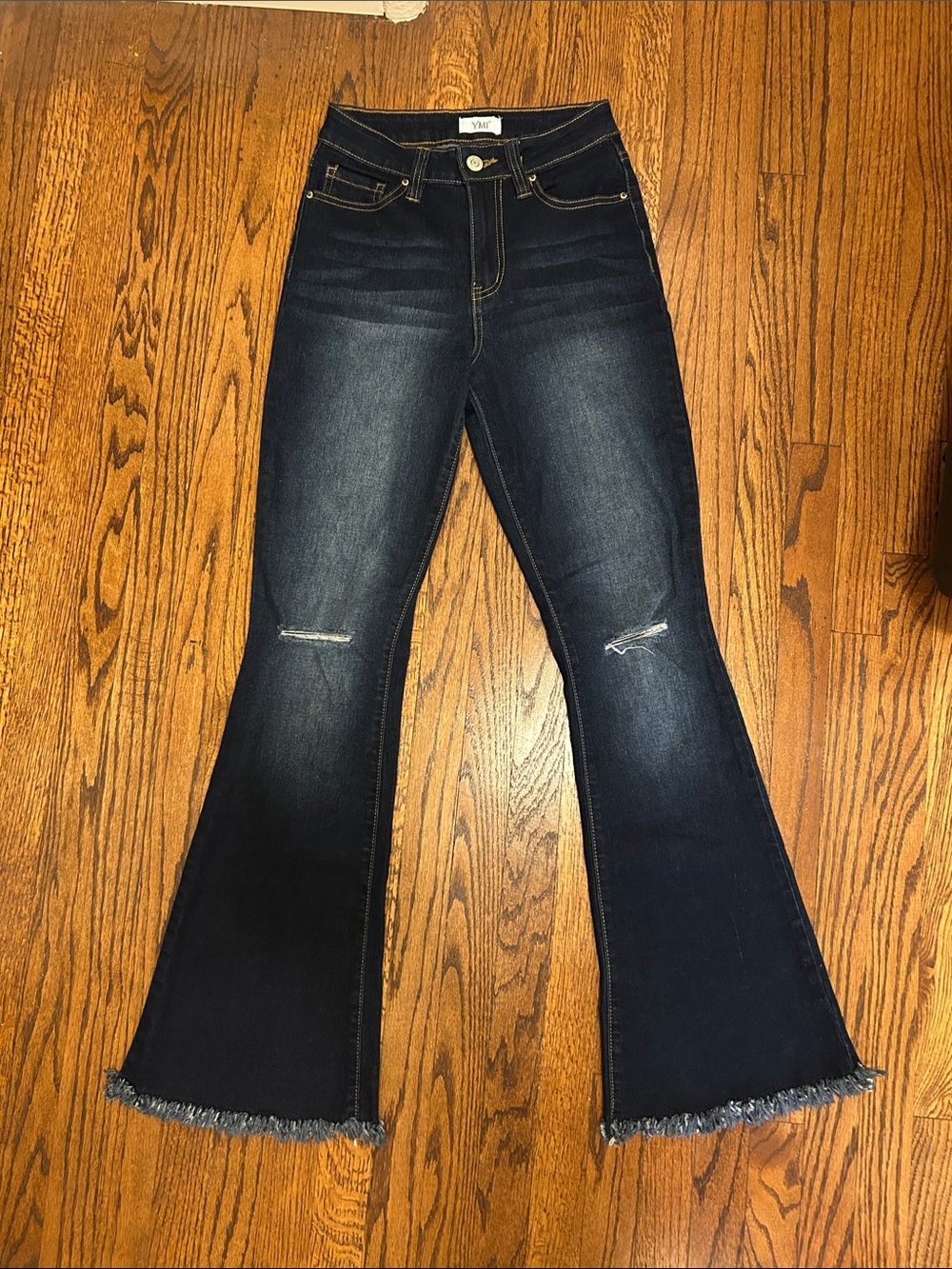 YMI Dark Blue Wash High-Rise Flared Jeans with Frayed Hem